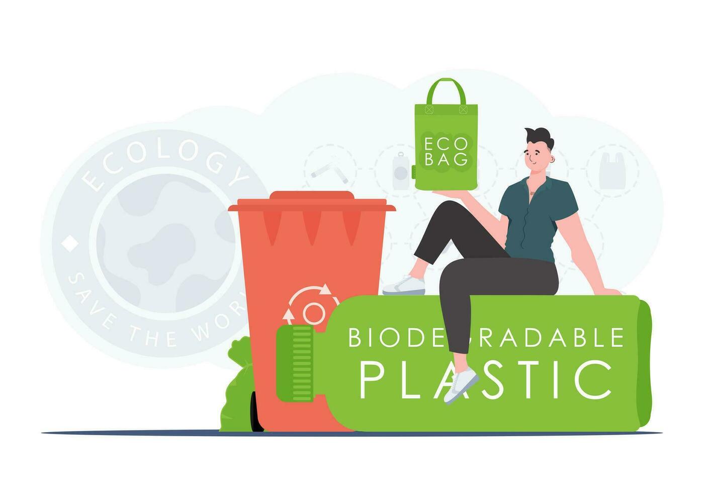 concept van groen wereld en ecologie. een Mens zit Aan een fles gemaakt van biologisch afbreekbaar plastic en houdt een eco zak in zijn handen. neiging stijl.vector illustratie. vector