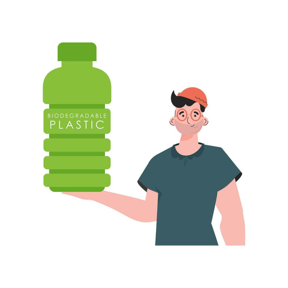 een Mens houdt een fles gemaakt van biologisch afbreekbaar plastic in zijn handen. concept van groen wereld en ecologie. geïsoleerd Aan wit achtergrond. neiging stijl.vector illustratie. vector