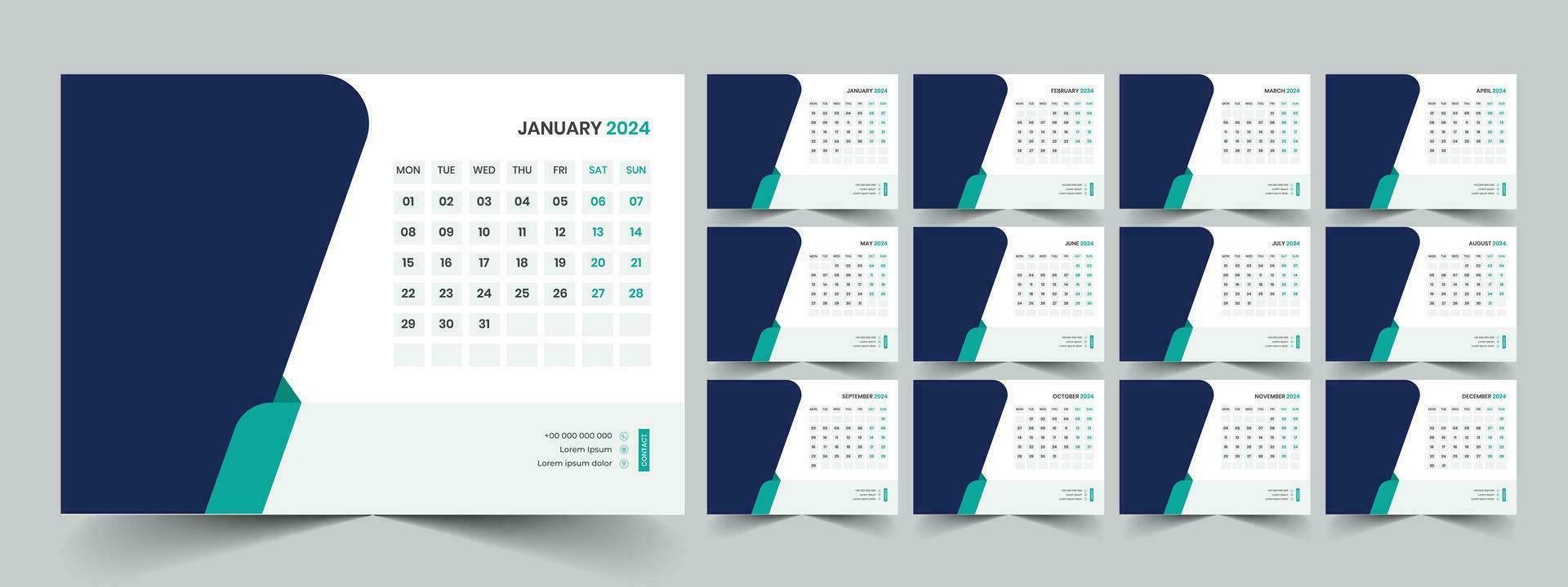 kalender 2024 ontwerper zakelijke sjabloon ontwerp set. week begint Aan maandag. sjabloon voor jaar- kalender 2024 vector