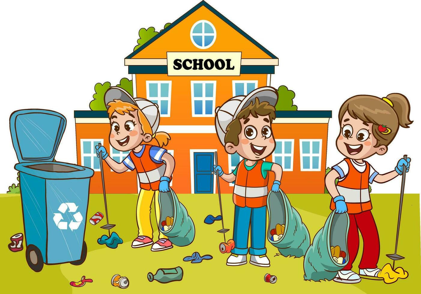 kinderen schoon omhoog tuin of park van afval, vrijwilligers verzamelen plastic flessen en blikjes vector