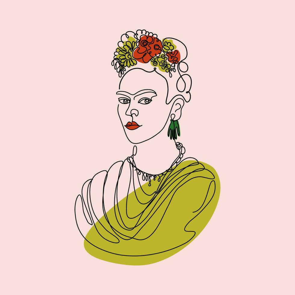 frida kahlo vector een lijn kunst portret. mooi Mexicaans vrouw met een traditioneel kapsel, Mexicaans ambachten sieraden en oorbellen.