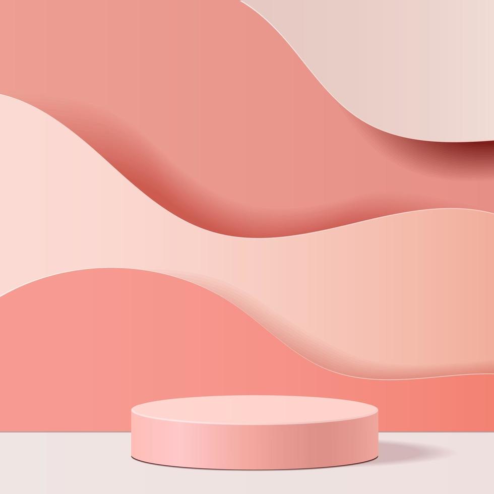 minimale scène met geometrische vormen. cilinder podium op roze achtergrond. scène om cosmetisch product, showcase, uitstalraam, vitrine te tonen. 3D-vectorillustratie. vector