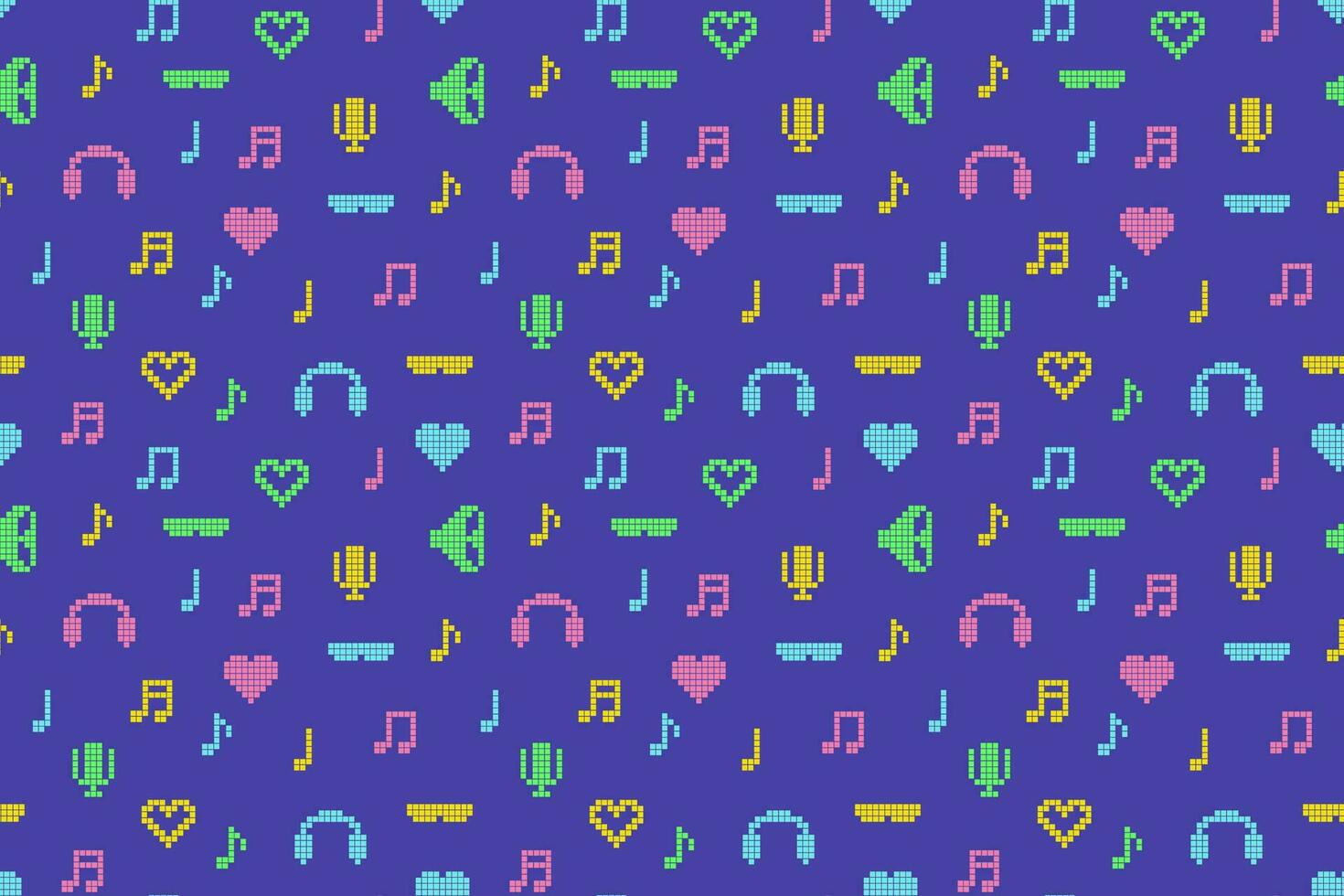 abstract pixel 90s stijl naadloos patroon van levendig veelkleurig retro pictogrammen van harten, notities, oortelefoons, microfoon, en zonnebril van de jaren negentig Aan blauw achtergrond. vector illustratie