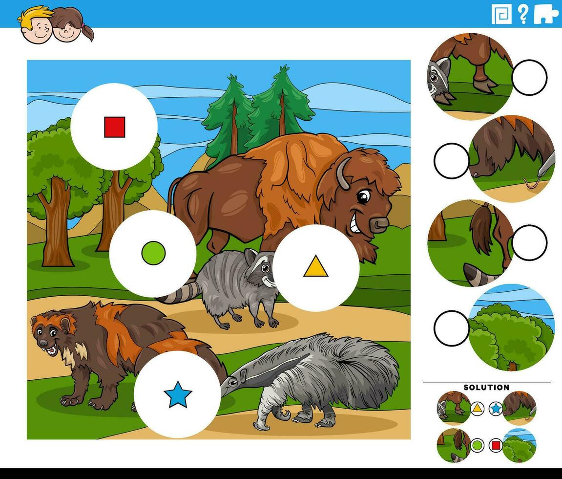 bij elkaar passen stukken werkzaamheid met tekenfilm wild dieren vector