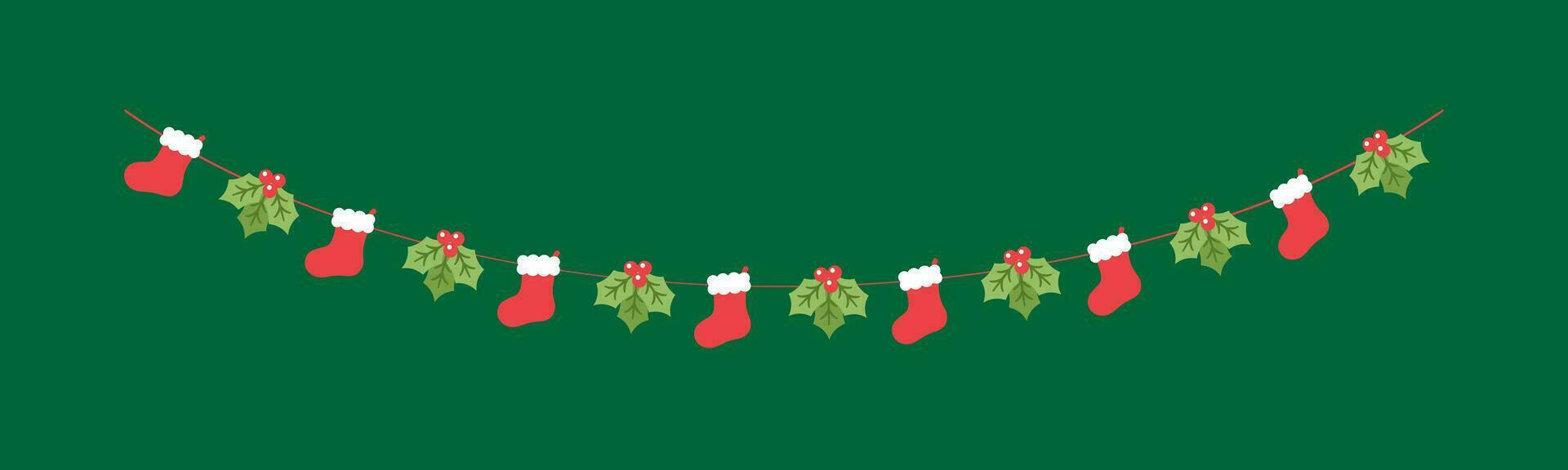 Kerstmis kous en maretak slinger vector illustratie, Kerstmis grafiek feestelijk winter vakantie seizoen vlaggedoek