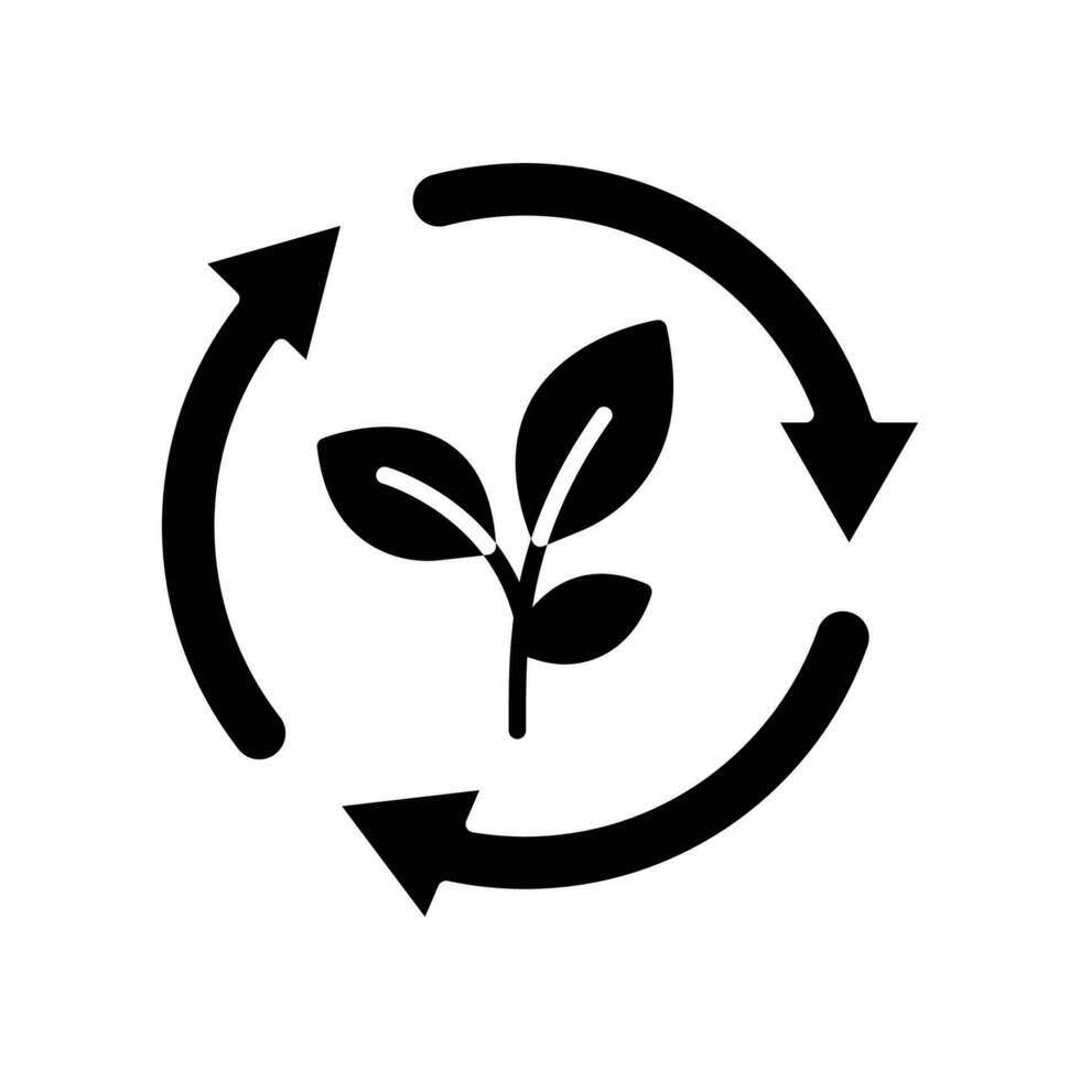 biologisch recyclen, herbruikbaar milieu icoon. eco groen leven stijl met blad symbool en circulaire pijl. opslaan omgeving. solide stijl, glyph vector illustratie. ontwerp Aan wit achtergrond. eps 10