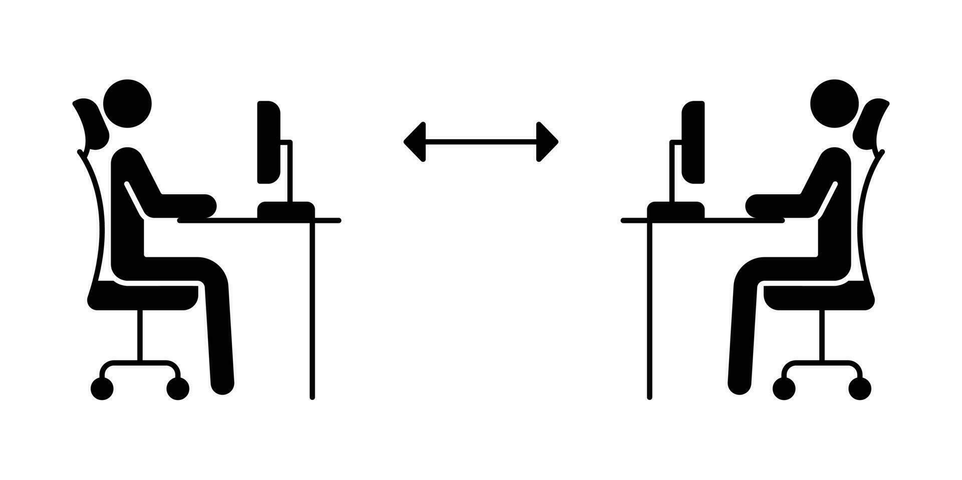 nieuw normaal concept in werk kantoor bureau icoon. twee mensen werken, zitten Bij hun bureau met een computer. houden sociaal afstand in werk plaats in covid19 pandemie. glyph stijl. vector illustratie. eps 10