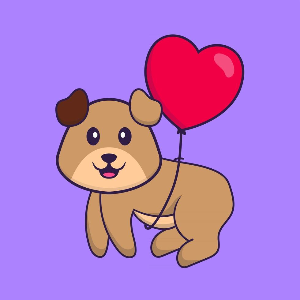 schattige hond die met liefdesvormige ballonnen vliegt. dierlijk beeldverhaalconcept geïsoleerd. kan worden gebruikt voor t-shirt, wenskaart, uitnodigingskaart of mascotte. platte cartoonstijl vector