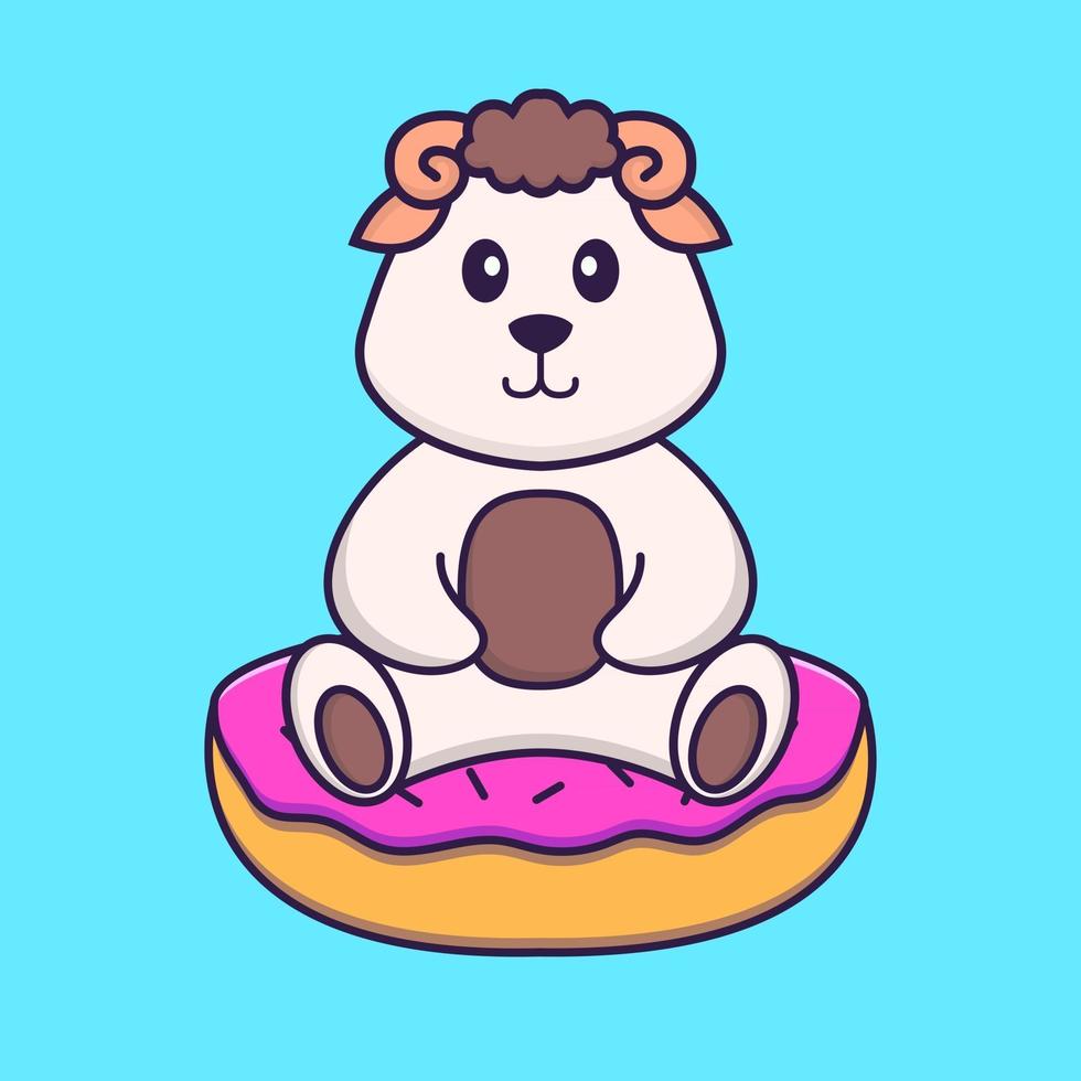 schattig schaap zit op donuts. dierlijk beeldverhaalconcept geïsoleerd. kan worden gebruikt voor t-shirt, wenskaart, uitnodigingskaart of mascotte. platte cartoonstijl vector