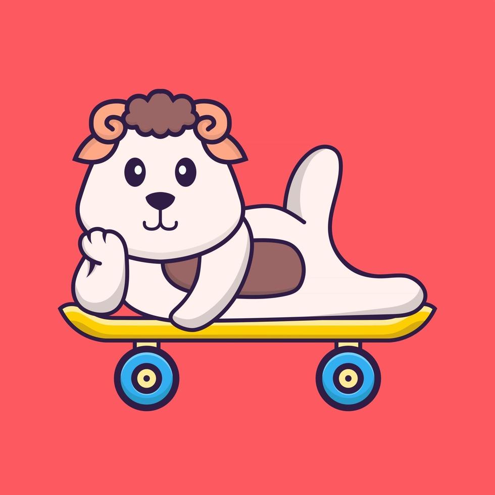 schattige schapen liggend op een skateboard. dierlijk beeldverhaalconcept geïsoleerd. kan worden gebruikt voor t-shirt, wenskaart, uitnodigingskaart of mascotte. platte cartoonstijl vector