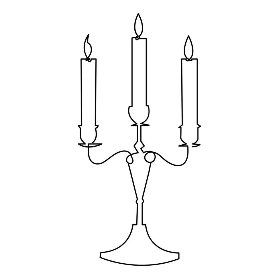 een doorlopend lijn tekening van kaars verlicht en brandend brand en smelten kaars licht in de donker zwart schets vector illustratie ontwerp
