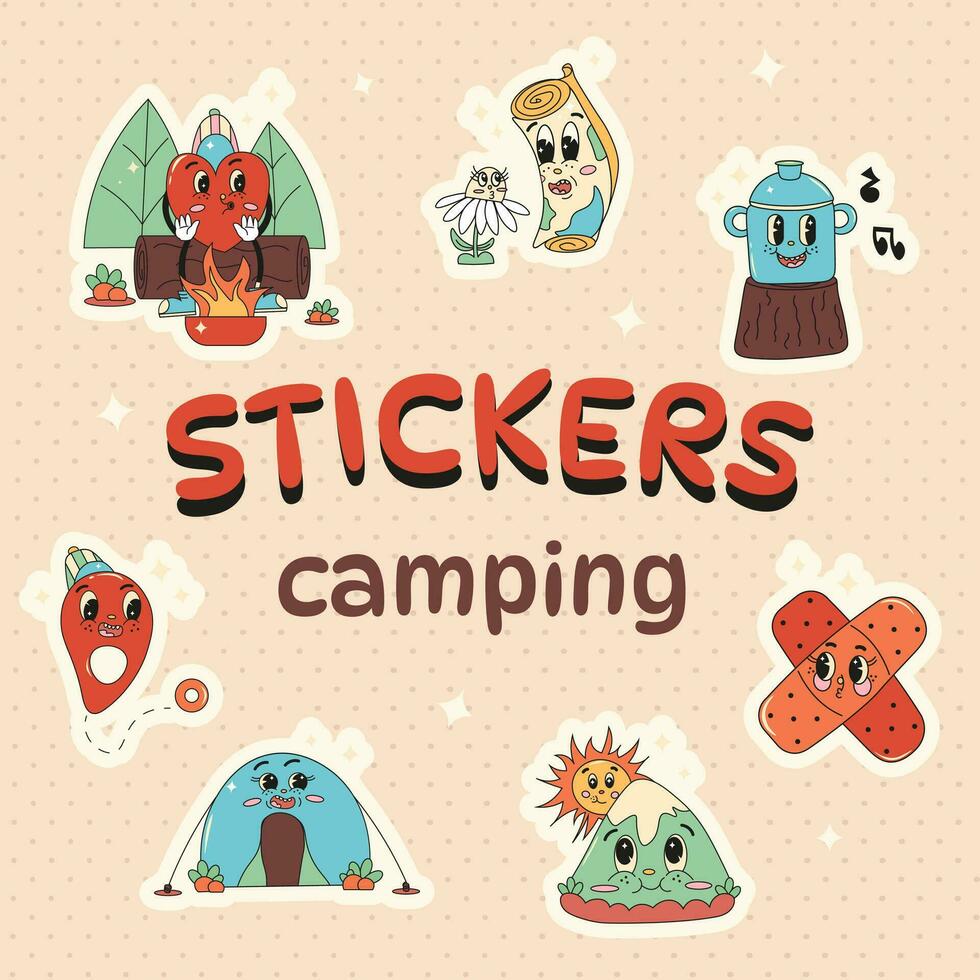 reeks van schattig camping stickers in retro stijl vector