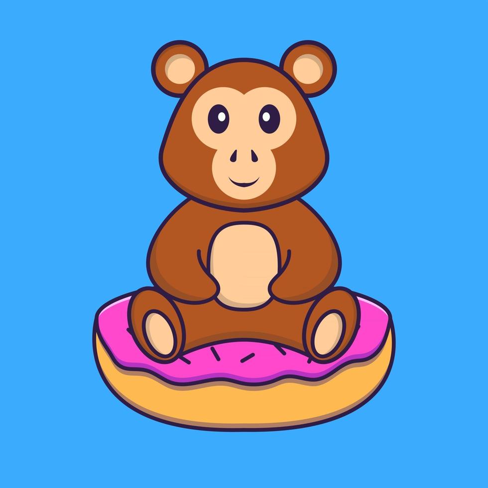 schattige aap zit op donuts. dierlijk beeldverhaalconcept geïsoleerd. kan worden gebruikt voor t-shirt, wenskaart, uitnodigingskaart of mascotte. platte cartoonstijl vector