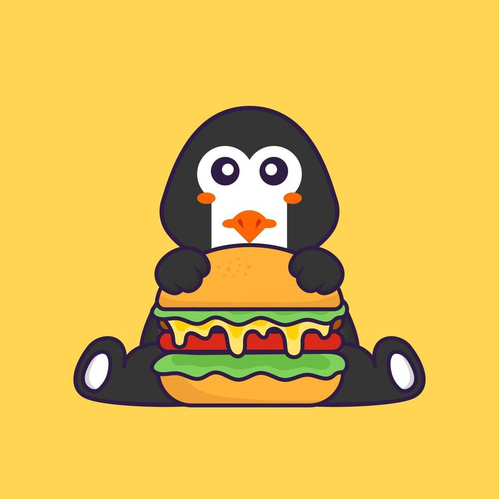 schattige pinguïn die hamburger eet. dierlijk beeldverhaalconcept geïsoleerd. kan worden gebruikt voor t-shirt, wenskaart, uitnodigingskaart of mascotte. platte cartoonstijl vector