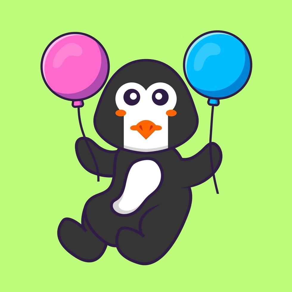 schattige pinguïn die met twee ballonnen vliegt. dierlijk beeldverhaalconcept geïsoleerd. kan worden gebruikt voor t-shirt, wenskaart, uitnodigingskaart of mascotte. platte cartoonstijl vector