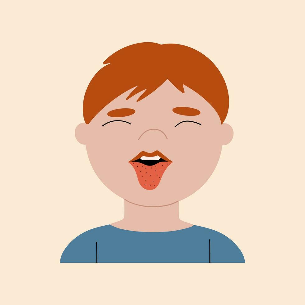 een jongen met een uitslag Aan zijn tong. symptoom van allergie, ontsteking, infectie. vector illustratie in vlak stijl