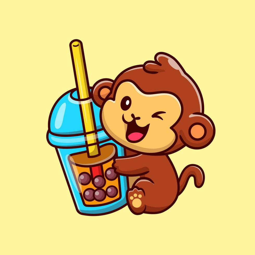 schattig aap met bubbel melk thee tekenfilm vector icoon illustratie. dier drinken icoon concept geïsoleerd premie vector. vlak tekenfilm stijl