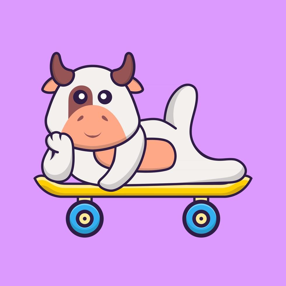 schattige koe liggend op een skateboard. dierlijk beeldverhaalconcept geïsoleerd. kan worden gebruikt voor t-shirt, wenskaart, uitnodigingskaart of mascotte. platte cartoonstijl vector