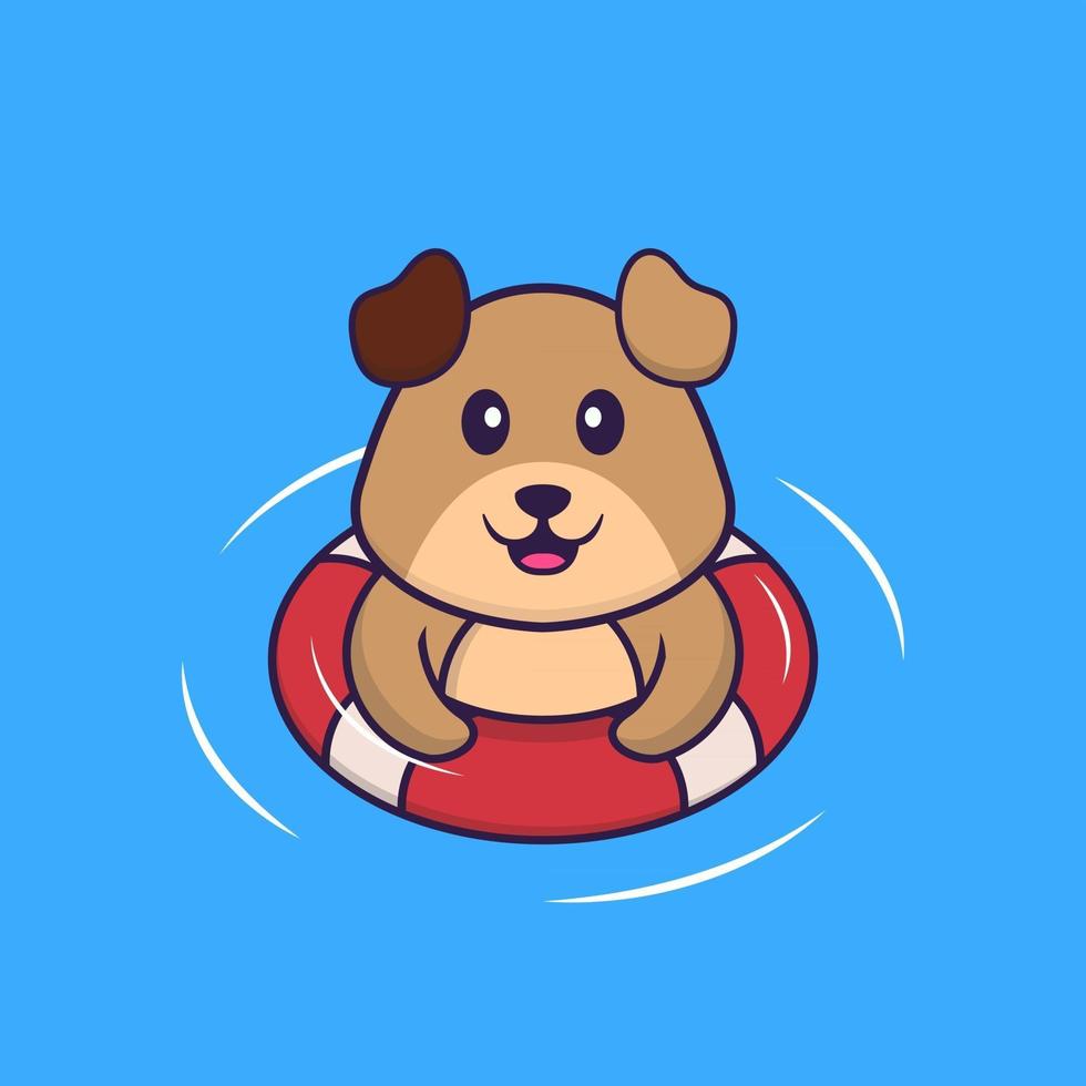 schattige hond zwemt met een boei. dierlijk beeldverhaalconcept geïsoleerd. kan worden gebruikt voor t-shirt, wenskaart, uitnodigingskaart of mascotte. platte cartoonstijl vector