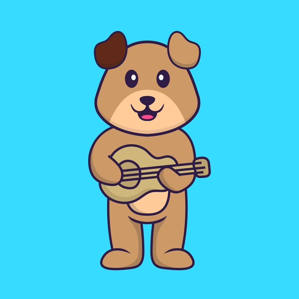 schattige hond die gitaar speelt. dierlijk beeldverhaalconcept geïsoleerd. kan worden gebruikt voor t-shirt, wenskaart, uitnodigingskaart of mascotte. platte cartoonstijl vector