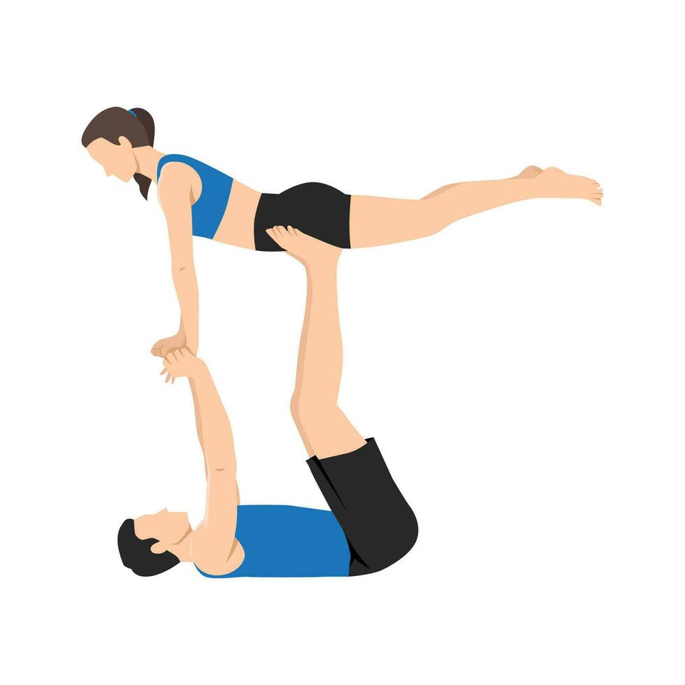 jong paar sportief mensen beoefenen yoga les met partner, Mens en vrouw in yogi oefening, arm balans houding. vector