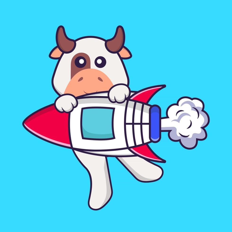schattige koe vliegen op raket. dierlijk beeldverhaalconcept geïsoleerd. kan worden gebruikt voor t-shirt, wenskaart, uitnodigingskaart of mascotte. platte cartoonstijl vector