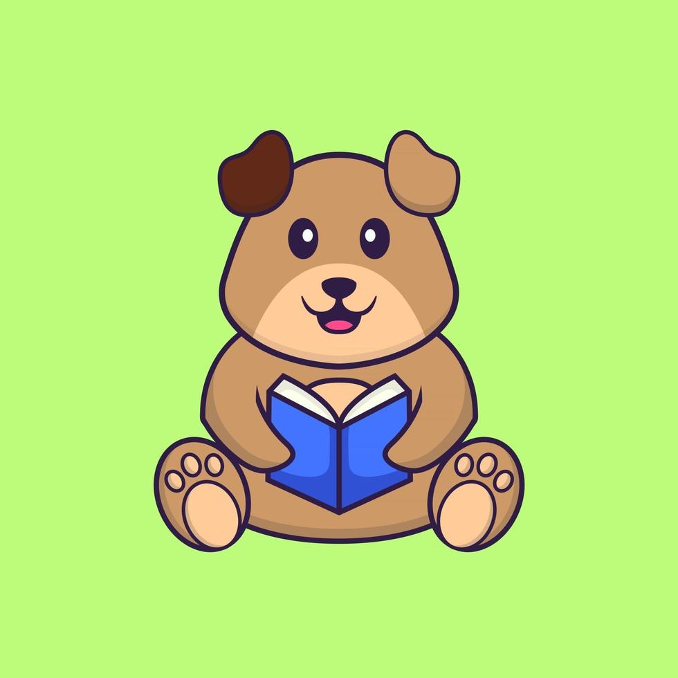 schattige hond die een boek leest. dierlijk beeldverhaalconcept geïsoleerd. kan worden gebruikt voor t-shirt, wenskaart, uitnodigingskaart of mascotte. platte cartoonstijl vector