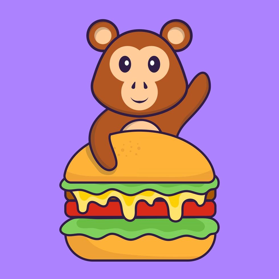 schattige aap die hamburger eet. dierlijk beeldverhaalconcept geïsoleerd. kan worden gebruikt voor t-shirt, wenskaart, uitnodigingskaart of mascotte. platte cartoonstijl vector