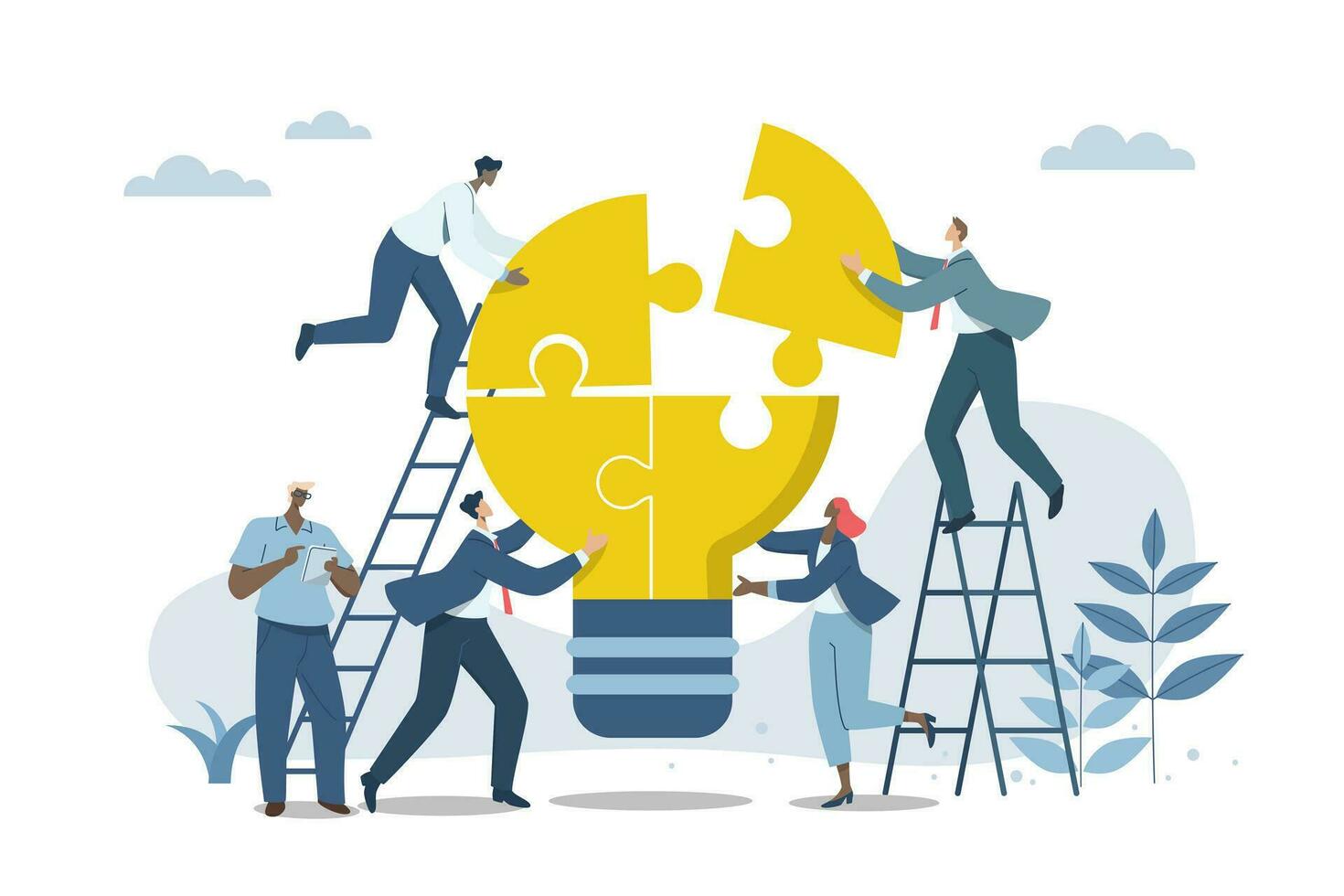 effectief teamwerk, probleem oplossen, of manieren naar verbeteren, carrière ontwikkeling concept, symbool van teamwerk, bedrijf mensen werk samen naar compleet de licht lamp decoupeerzaag puzzel in harmonie. vector