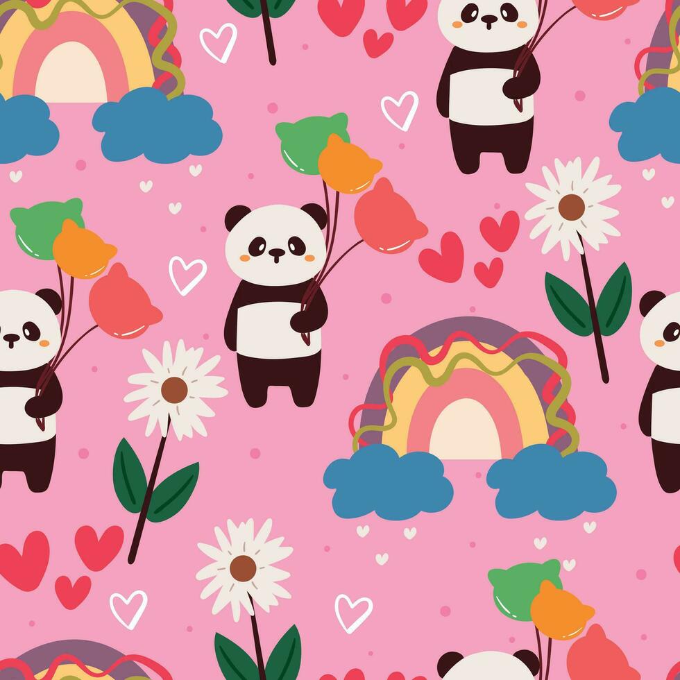 naadloos patroon tekenfilm panda, bloem, regenboog in in roze achtergrond. schattig behang voor textiel, geschenk inpakken papier vector