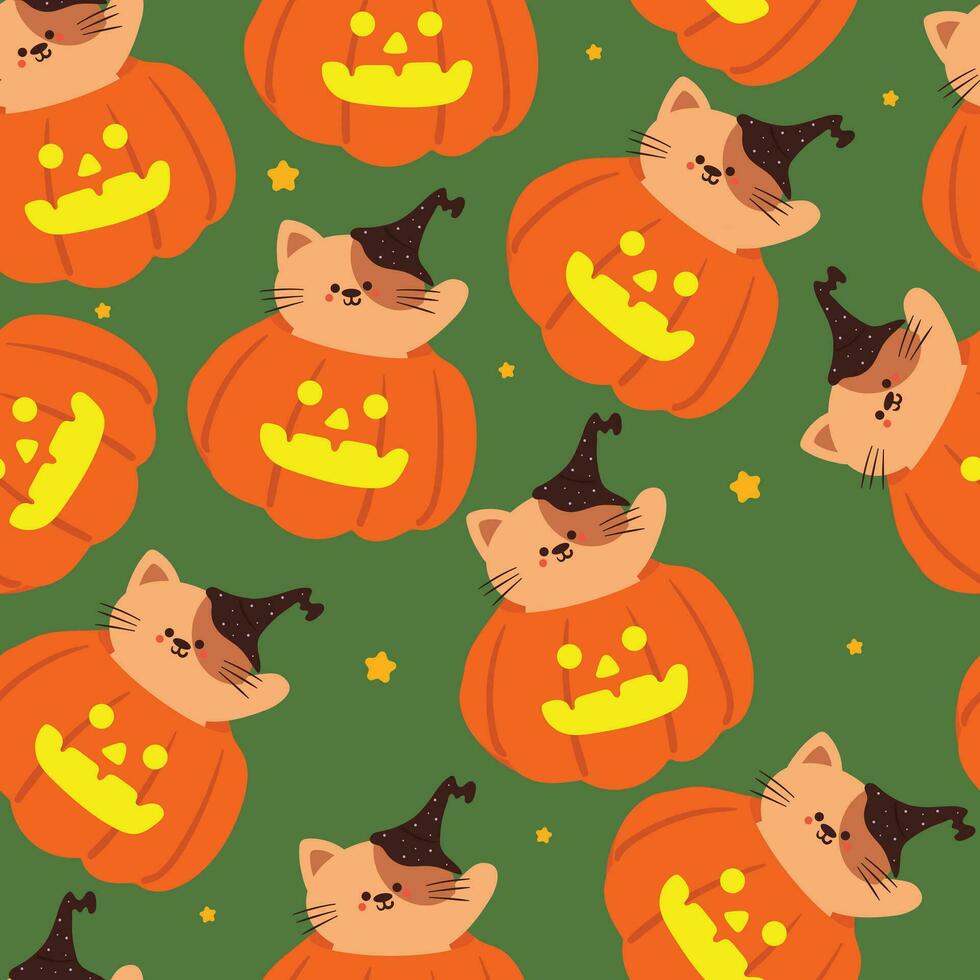 halloween naadloos patroon met tekenfilm pompoen, kat, geest, en halloween element. schattig halloween behang voor vakantie thema, geschenk inpakken papier vector