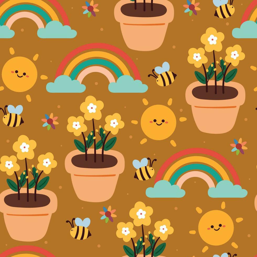 naadloos patroon tekenfilm bloem en fabriek in geel lucht met regenboog, wolken en schattig zon. schattig behang voor kinderen, geschenk inpakken papier vector