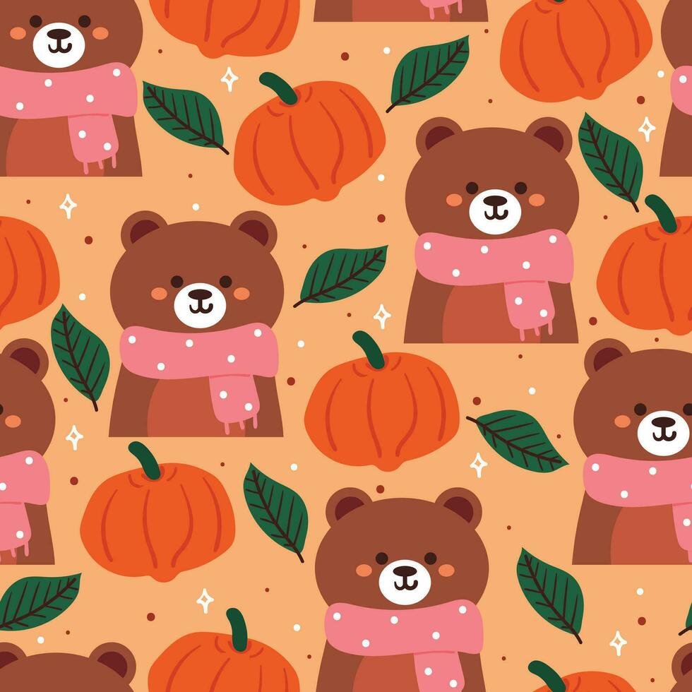 naadloos patroon tekenfilm beer, pompoen, en herfst gevoel. schattig dier behang voor textiel, geschenk inpakken papier vector