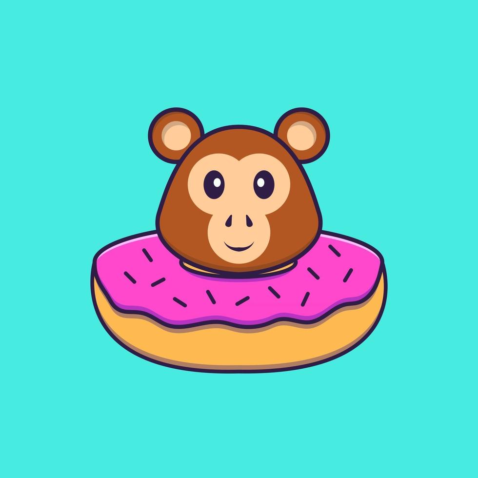 schattige aap met een donut op zijn nek. dierlijk beeldverhaalconcept geïsoleerd. kan worden gebruikt voor t-shirt, wenskaart, uitnodigingskaart of mascotte. platte cartoonstijl vector