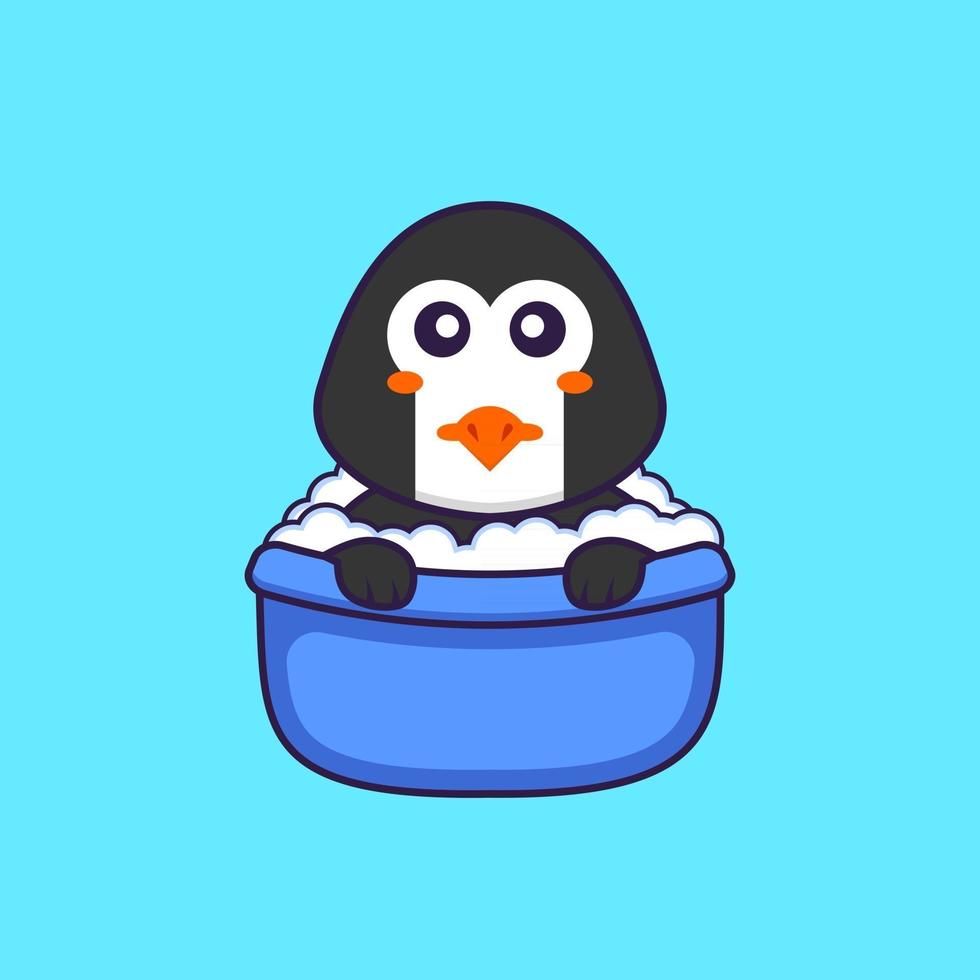 schattige pinguïn die een bad neemt in de badkuip. dierlijk beeldverhaalconcept geïsoleerd. kan worden gebruikt voor t-shirt, wenskaart, uitnodigingskaart of mascotte. platte cartoonstijl vector