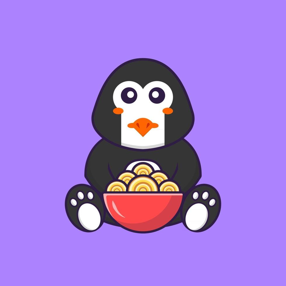 schattige pinguïn die ramen noodles eet. dierlijk beeldverhaalconcept geïsoleerd. kan worden gebruikt voor t-shirt, wenskaart, uitnodigingskaart of mascotte. platte cartoonstijl vector
