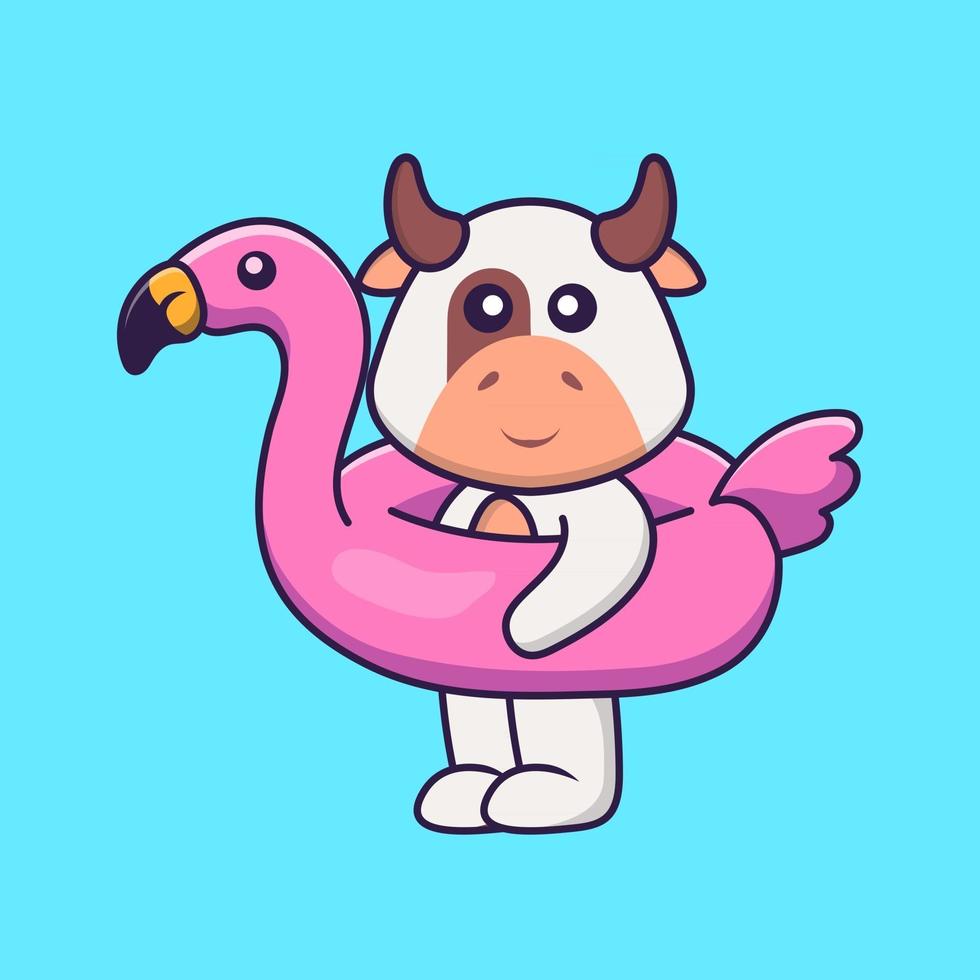 schattige koe met flamingoboei. dierlijk beeldverhaalconcept geïsoleerd. kan worden gebruikt voor t-shirt, wenskaart, uitnodigingskaart of mascotte. platte cartoonstijl vector