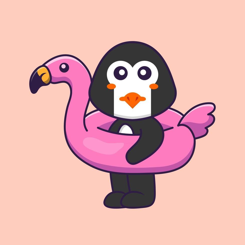 schattige pinguïn met flamingoboei. dierlijk beeldverhaalconcept geïsoleerd. kan worden gebruikt voor t-shirt, wenskaart, uitnodigingskaart of mascotte. platte cartoonstijl vector