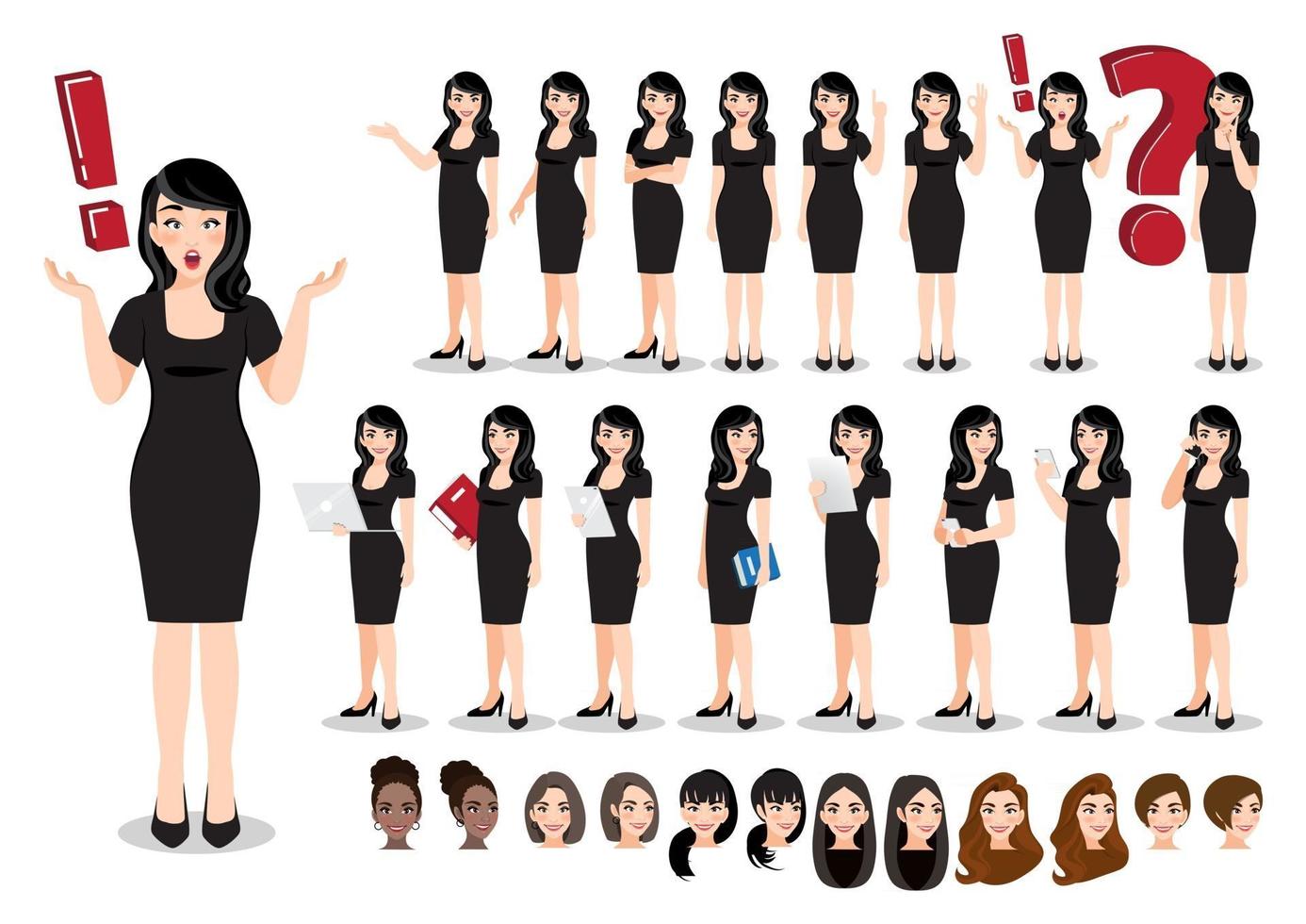 zakenvrouw cartoon tekenset. mooie zakenvrouw in een zwarte jurk. vector illustratie