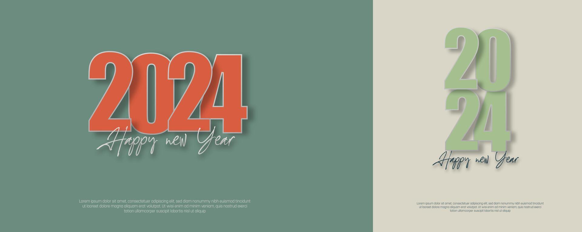 gelukkig nieuw jaar 2024. feestelijk realistisch decoratie. vieren 2024 partij, met dik en modern lettertypen. kleurrijk ontwerp. vector premie achtergrond voor spandoeken, posters of kalender.