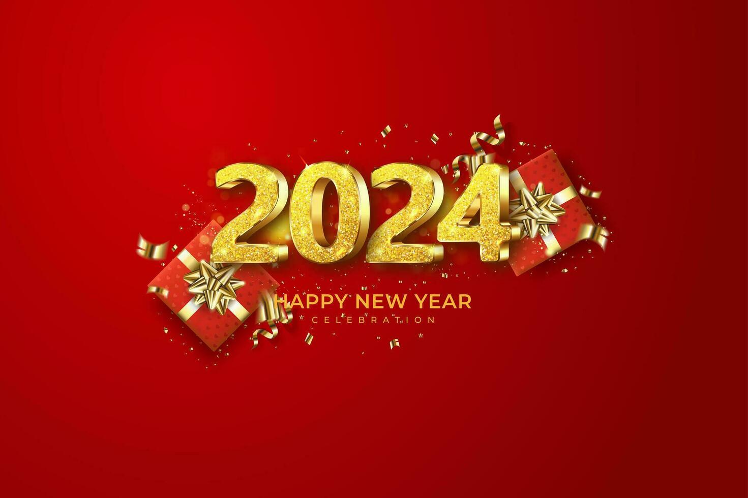 gelukkig nieuw jaar 2024. gouden 3d getallen met geefdoos en confetti Aan een rood achtergrond vector