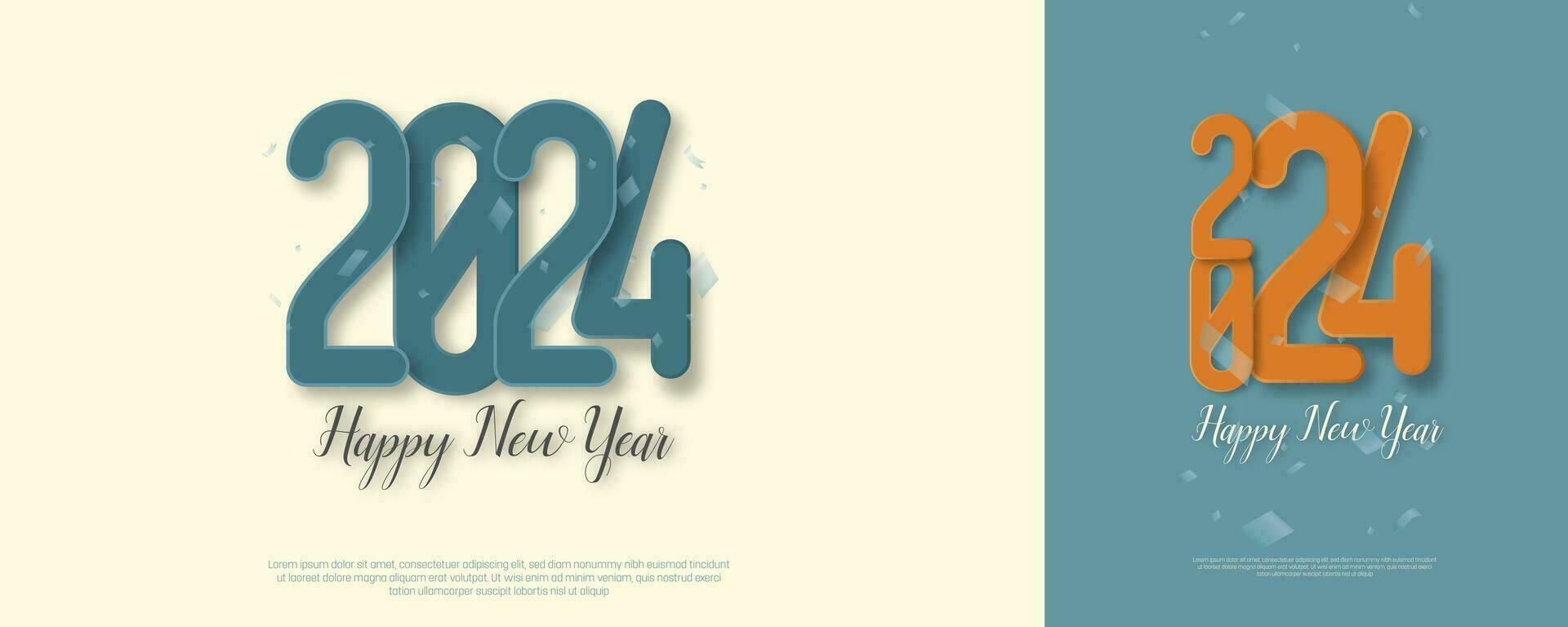 gelukkig nieuw jaar 2024. feestelijk realistisch decoratie. vieren 2024 partij, met dik en modern lettertypen. kleurrijk ontwerp. vector premie achtergrond voor spandoeken, posters of kalender.