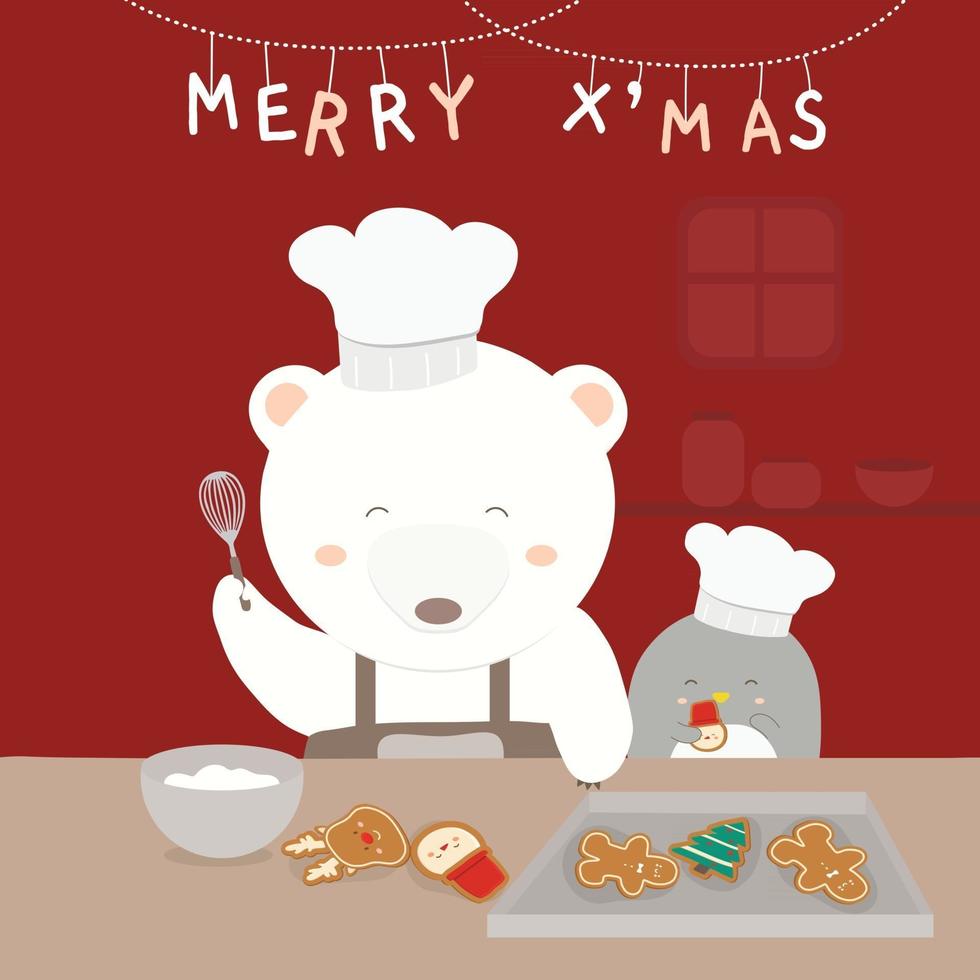 vrolijk kerstfeest met een witte beer die kookt en een pinguïn als zijn helper. vector