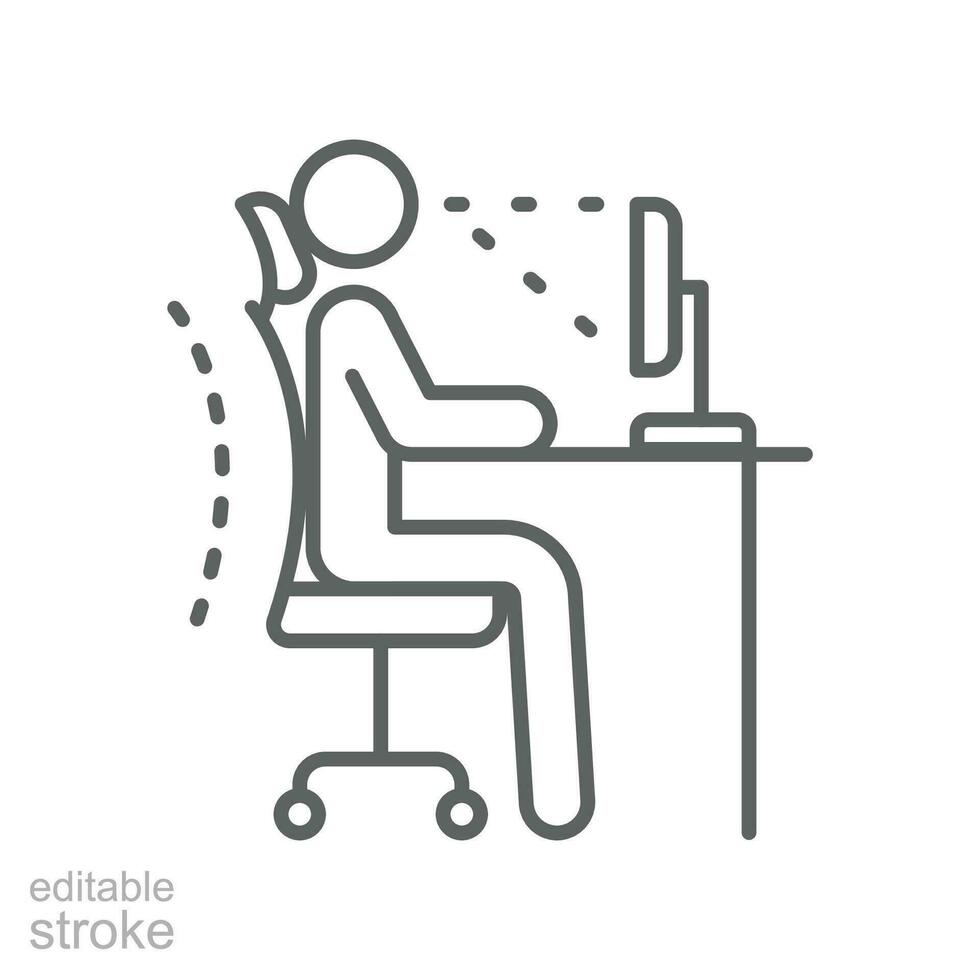 ergonomisch werkplaats icoon. computer bureau werkstation infographic correct houdingen kantoor syndroom van terug lichaam positie voor ruggengraat, nek zorg, oog zicht . bewerkbare beroerte vector illustratie. eps 10