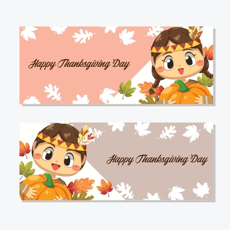 happy thanksgiving day-kaart met meisje, esdoornblad en pompoen. vector