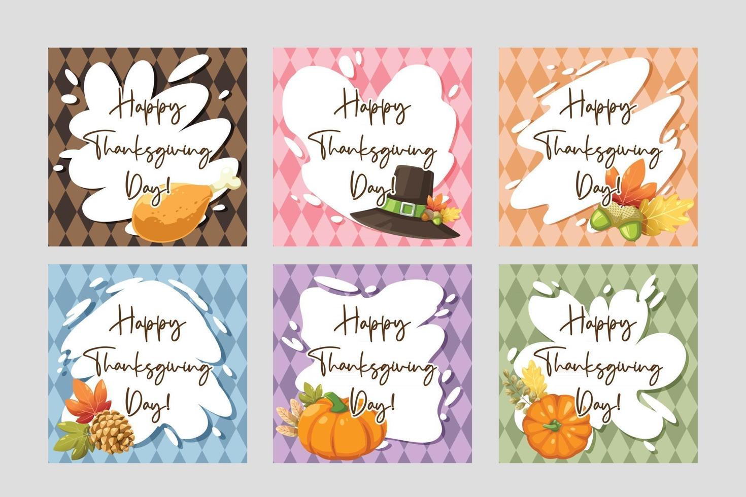 happy thanksgiving day-kaart met kippenpoot, walnoten, pompoen, hoed en esdoornblad vector