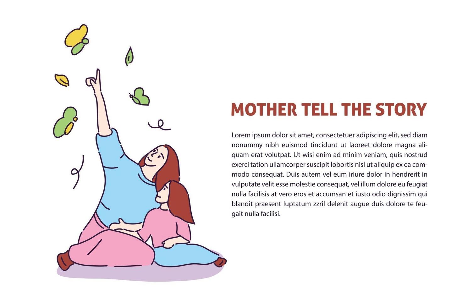 moeder vertelt het verhaal voor haar dochter met de hand getekende illustratie vector