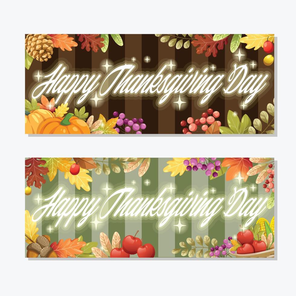 happy thanksgiving day card met esdoornblad, appel, bes, walnoot en vele soorten bladeren. vector