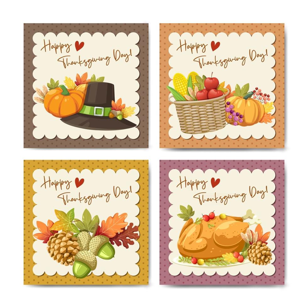 Happy Thanksgiving Day-kaart met pompoen-, appel-, maïs- en esdoornbladeren vector