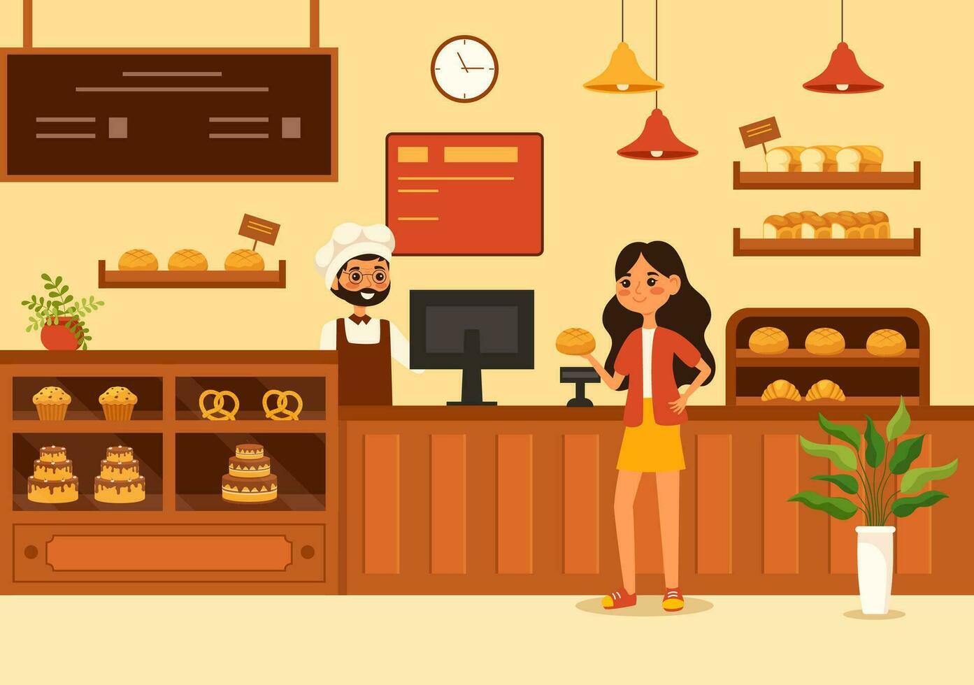 bakkerij op te slaan vector illustratie met divers types van brood producten voor uitverkoop en winkel interieur in vlak tekenfilm achtergrond ontwerp sjabloon
